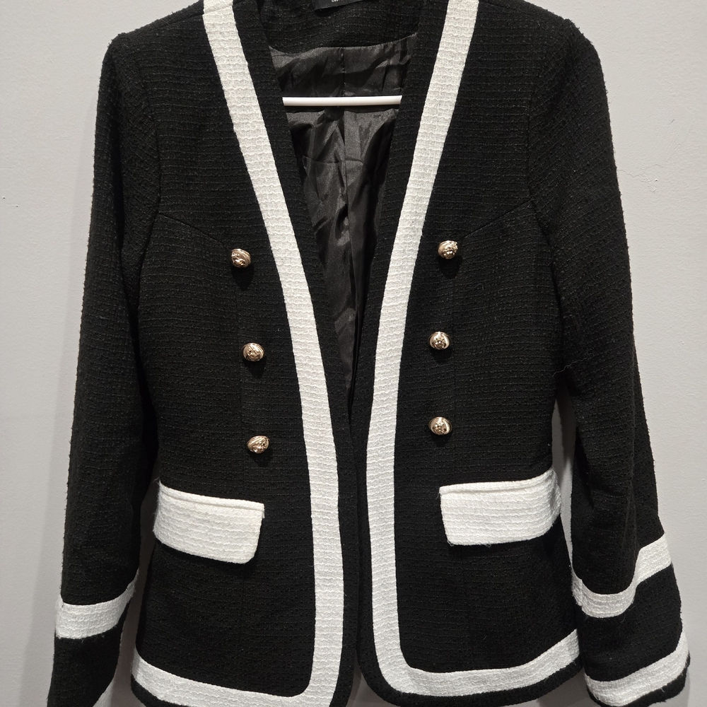 AKIRA Black Blazer with White Trim and Gold Buttons